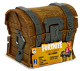 Fortnite Loot Chest toy container for 4" figures, featuring a brown wood-grain textured design with dark gray metal straps and hinges, shown with its retail packaging on a white background.