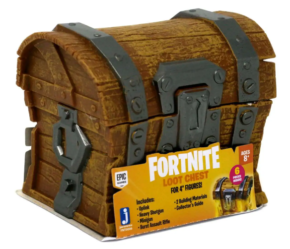 Fortnite Loot Chest toy container for 4" figures, featuring a brown wood-grain textured design with dark gray metal straps and hinges, shown with its retail packaging on a white background.