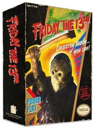 Friday the 13th Power Play board game box by New Line Cinema, featuring a horror-themed box design with Jason Voorhees in a hockey mask holding an axe, red title text, and NECA branding.