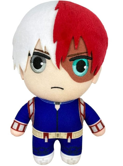 A plush toy doll of the character Shoto Todoroki from My Hero Academia, featuring his signature red and white hair, embroidered eyes, and a blue uniform with red and white accents, set against a plain white background.