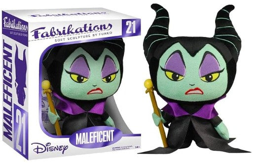 Disney Fabrikations Maleficent soft sculpture vinyl figure number 21, shown both inside its retail window box packaging and as an unpackaged figure holding a gold staff.