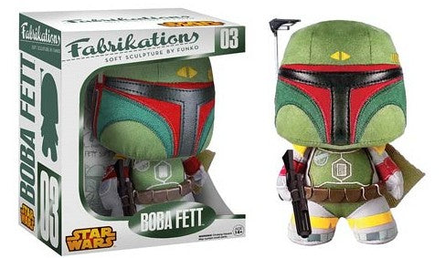 A Boba Fett plush figure shown next to its retail box. The figure has green armor with red, black, yellow, and gray details, and is posed with a blaster.