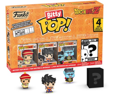 Funko Bitty Pop! Dragon Ball Z Mystery Pop Box set, featuring the orange retail box with character windows, three small vinyl figures (Gohan, Goku, Blue Demon), and a black mystery cube with a question mark, all on a white background.