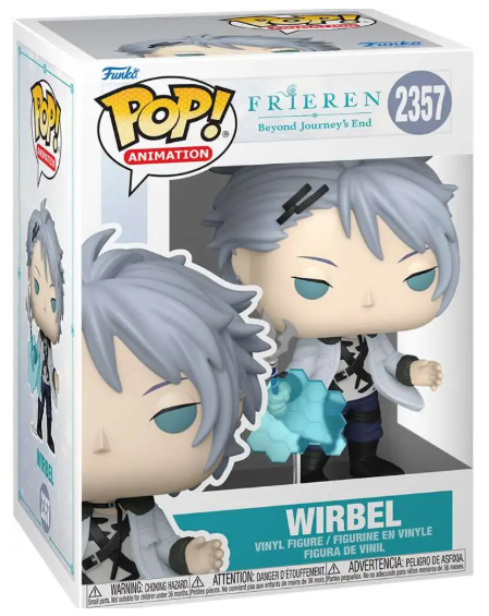 Funko Pop! Animation vinyl figure of Wirbel from Frieren: Beyond Journey's End, shown in its original window box packaging. The figure has light gray hair, blue eyes, and is wearing a white lab coat over a black and white patterned shirt.