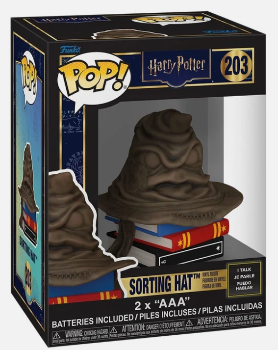 Funko Pop! Harry Potter Sorting Hat vinyl figure in its original window box packaging, featuring the brown Sorting Hat on books with a lightning-bolt detail, set against a black background.