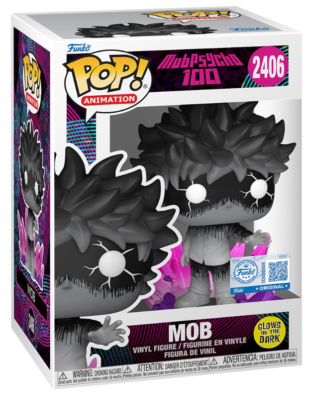 Funko Pop! Animation vinyl figure of Mob from Mob Psycho 100, number 2406, in its original retail packaging. The figure is black with glowing white eyes and holds a pink glowing object.