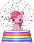 A pink pony figurine inside a clear snow globe with pink glitter-like confetti, set on a rainbow-striped base against a white background.