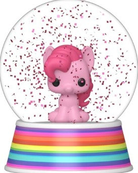 A pink pony figurine inside a clear snow globe with pink glitter-like confetti, set on a rainbow-striped base against a white background.