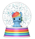 A Funko Pop! snow globe featuring the blue character Rainbow Dash with a rainbow mane, surrounded by white confetti inside a clear globe on a rainbow-striped base.