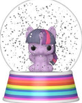 A small purple pony figurine inside a clear snow globe with confetti-like speckles and a rainbow-striped base.