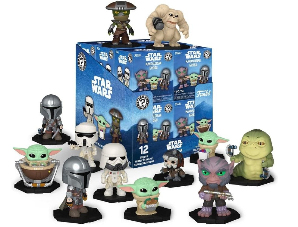 Funko Star Wars Mystery Minis display box with 12 small Star Wars character figures arranged in front on a white background.