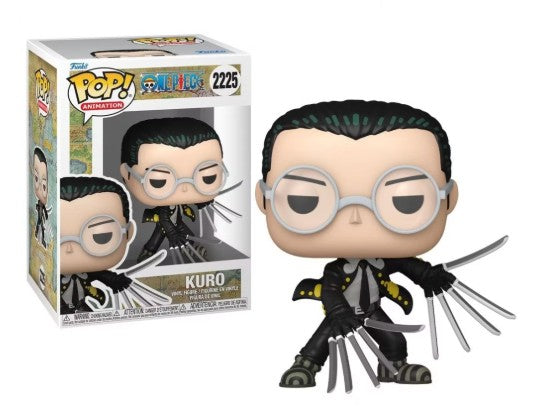 Funko Pop! Animation vinyl figure of Kuro from One Piece, shown next to its original window box packaging on a white background.
