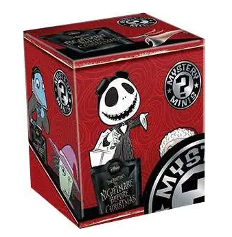 A red mystery box featuring Nightmare Before Christmas character Jack Skellington and the Mystery Minis logo, shown on a plain white background.