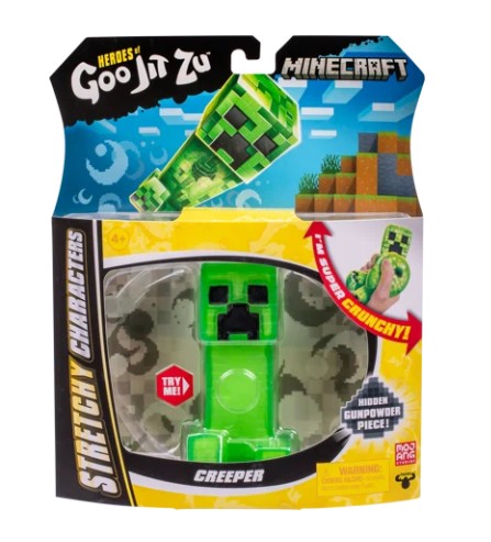 Minecraft Goojin Zu Stretchy Characters Creeper toy in its original retail packaging, featuring a green creeper figure and a separate green rubber creeper piece.
