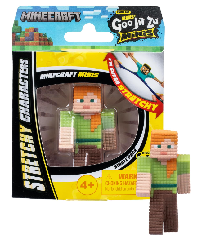 Minecraft Minis Stretchy Characters figure of Steve in its original blister packaging, with the unboxed figure displayed next to it on a white background.