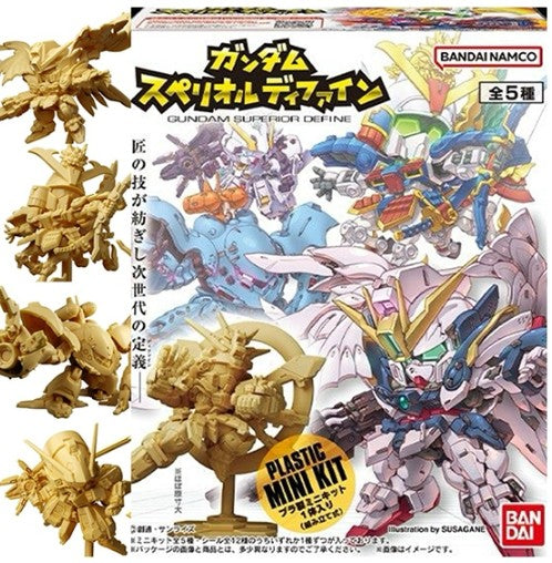 Bandai Namco Gundam Superlode Define Plastic Mini Kit box with multiple unpainted beige plastic model parts shown alongside colorful printed box art featuring various Gundam mecha.