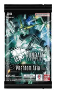 Bandai Namco Gundam Card Game 'Phantom Aria' booster pack, model GD04, featuring a black background with a blue and green Gundam illustration and white text.