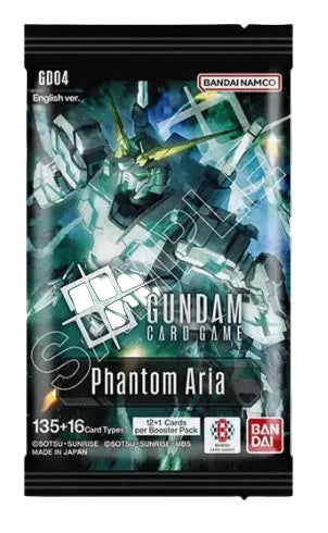 Bandai Namco Gundam Card Game 'Phantom Aria' booster pack, model GD04, featuring a black background with a blue and green Gundam illustration and white text.