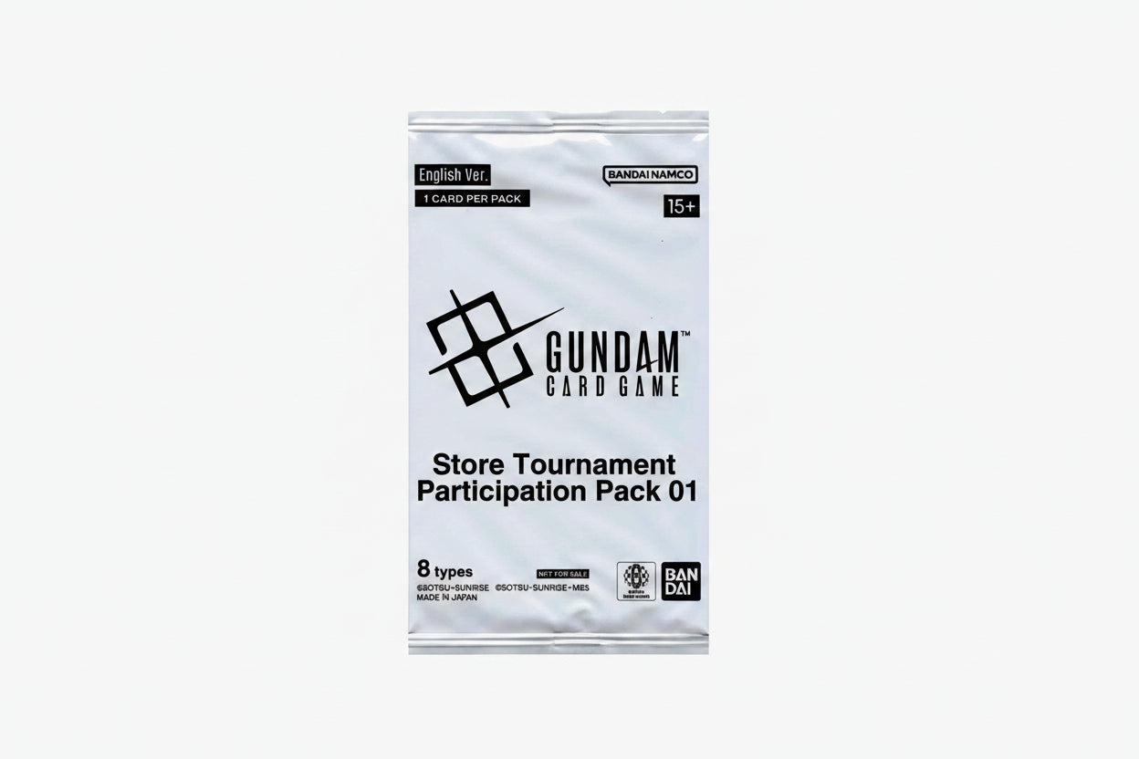 Bandai Namco Gundam Card Game Store Tournament Participation Pack 01 card pack in its original white packaging, featuring black text and logos.
