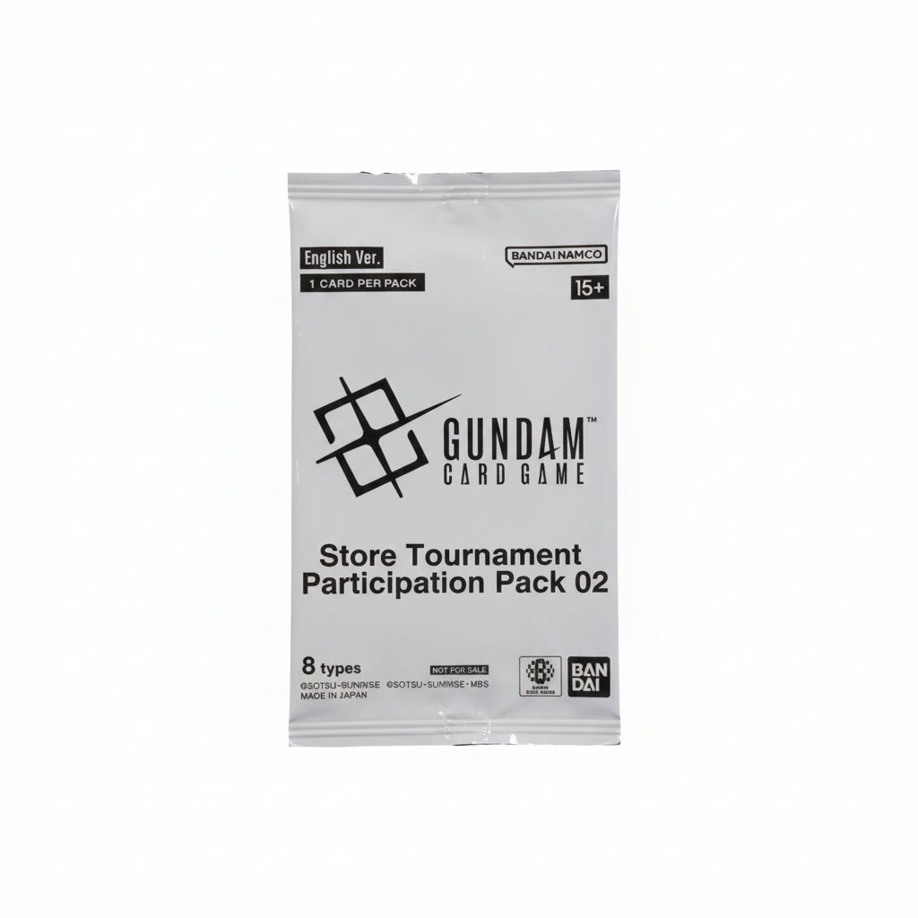 A sealed white card game pack for Gundam Card Game, labeled 'Store Tournament Participation Pack 02,' with Bandai Namco branding and black printed text and logo on a plain light background.