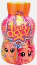 A bottle of Hair Doz Neonz toy hair dye, featuring a bright pink and orange label with cartoon character graphics and a matching orange cap.