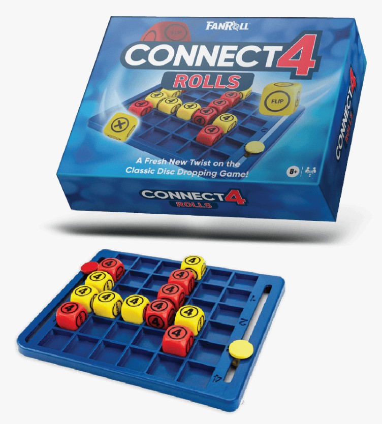 Fanroll Connect 4 Rolls game set showing the blue retail box above and the blue game board with red and yellow discs below on a light gray background.