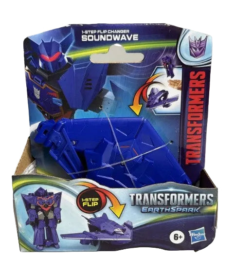Transformers EarthSpark Soundwave 1-step flip changer toy in its original retail packaging, featuring a blue robot figure and purple spaceship.