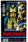 Transformers One Studio Series B-127 Bumblebee action figure in its original window box packaging, featuring a yellow and black robot design with blue accents.