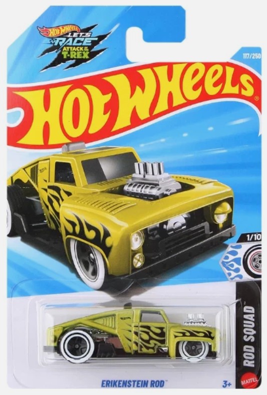 Hot Wheels Erikenstein Rod die-cast toy car in its original blister card packaging, featuring a yellow muscle car with black flame decals and a prominent silver supercharger.