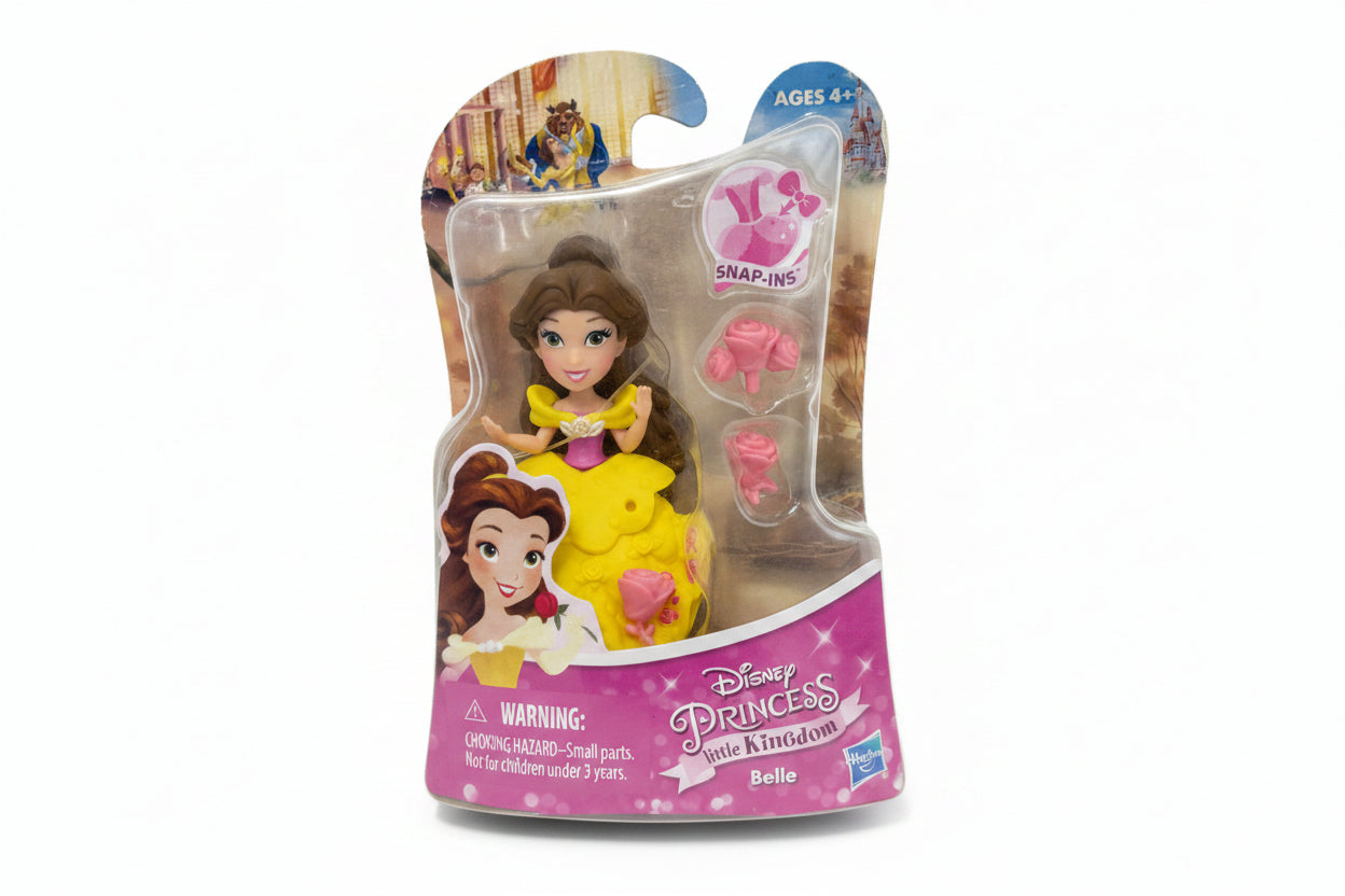 Disney Princess Belle toy figure in its original blister packaging, featuring a yellow dress and pink accessories.