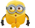 A yellow plush toy Minion with large round goggles, black gloves, and a small red mouth, shown against a plain white background.