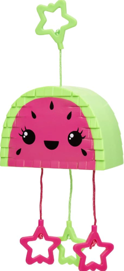 A watermelon-themed hanging toy or decoration with a bright pink watermelon face on a light green textured body, a green star-shaped top, and two dangling star-shaped charms in pink and green.
