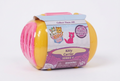 A pink and yellow roll-up toy container for 'Kitty Catches' featuring a purple label with cartoon cat graphics, set against a plain white background.