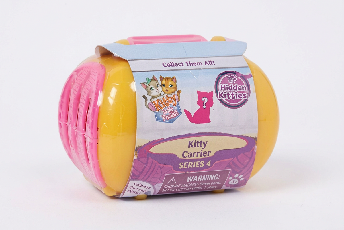 A pink and yellow roll-up toy container for 'Kitty Catches' featuring a purple label with cartoon cat graphics, set against a plain white background.