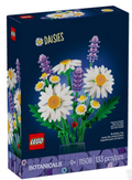 LEGO Botanicals Daisies building set in a dark blue box with illustrations of white daisies, purple lavender, and green leaves on the front.