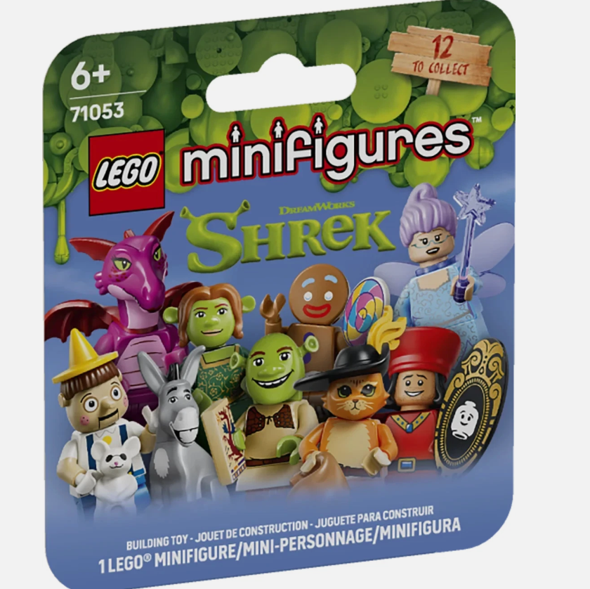 LEGO minifigures Shrek Fantasy Adventure 71053 single blister pack containing 12 collectible minifigures, featuring characters like Shrek, Princess Fiona, Donkey, and Puss in Boots on the front card.
