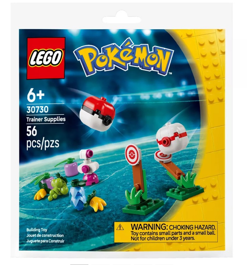 LEGO Pokemon Trainer Supplies set 30730 toy building set in its original retail packaging, featuring a trainer ball and target pieces on a blue and yellow background.