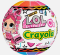 A colorful LOL Surprise! Crayola ball toy package with cartoon graphics, including a pink-haired doll and large Crayola branding on a white background.