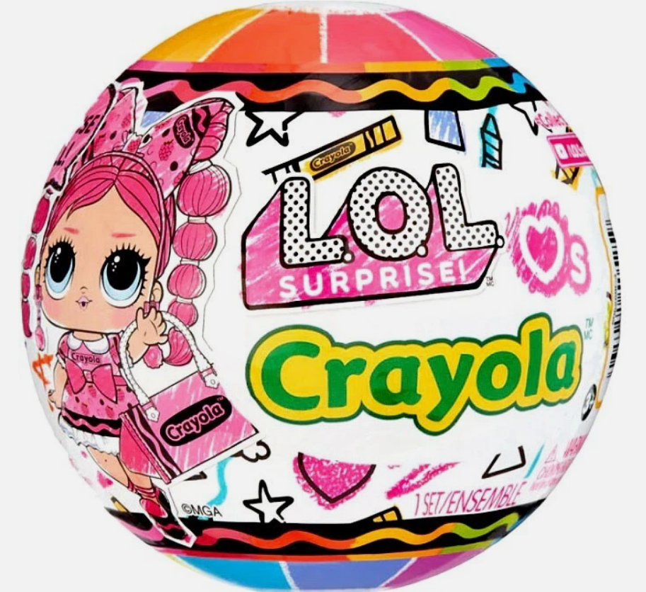 A colorful LOL Surprise! Crayola ball toy package with cartoon graphics, including a pink-haired doll and large Crayola branding on a white background.
