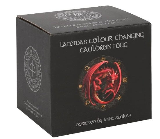 Black product box for the 'Lammas Colour Changing Cauldron Mug' featuring a red dragon illustration and white text, designed by Anne Stokes.