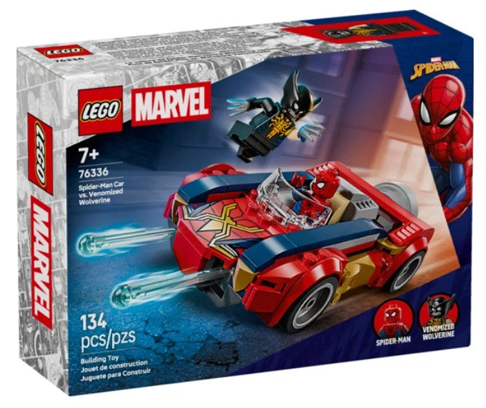 LEGO Marvel Spider-Man Car vs. Venomized Wolverine building toy box, set number 76336, featuring a red and blue Spider-Man car with a spider driver and a black Wolverine figure.