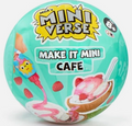 A round, sealed toy capsule labeled 'MGA's Mini Verse Make It Mini Cafe' in bright turquoise packaging with yellow, pink, red, and white graphics, photographed on a white background.