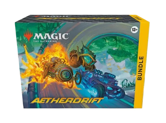 Magic: The Gathering Aetherdrift Bundle box art, featuring a vibrant illustration of fantasy vehicles with fiery orange and icy blue effects, set against a clean white background.