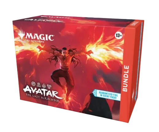 Magic: The Gathering Avatar: The Last Airbender Bundle card box, featuring a fiery red and orange design with an illustration of an airbender character and the Magic logo.