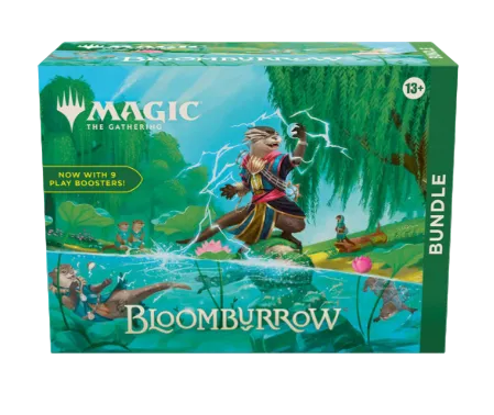 Magic: The Gathering Bloombyrrow Bundle box art, featuring an illustrated forest scene with a beaver character in a blue-green water element, with the Magic logo and 'BUNDLE' text visible on the packaging.