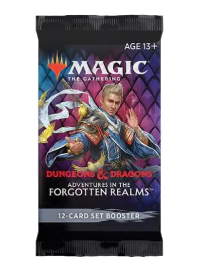 A Magic: The Gathering trading card booster pack for Dungeons & Dragons: Adventures in the Forgotten Realms, featuring artwork of a wizard and a purple diamond-patterned background.