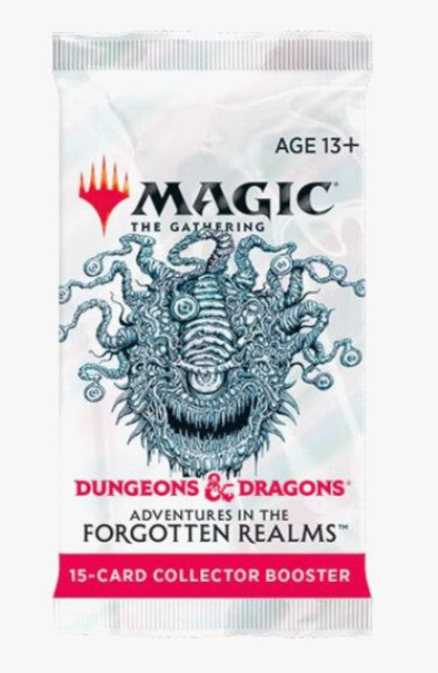 A Magic: The Gathering booster pack for Dungeons & Dragons: Adventures in the Forgotten Realms, featuring a white background with a blue-grey monster illustration and red text accents.