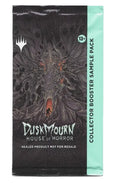 A sealed booster sample pack for Duskmourn House of Horror, featuring dark illustrated artwork with a vertical mint green side panel labeled 'COLLECTOR BOOSTER SAMPLE PACK'.
