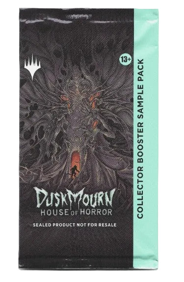 A sealed booster sample pack for Duskmourn House of Horror, featuring dark illustrated artwork with a vertical mint green side panel labeled 'COLLECTOR BOOSTER SAMPLE PACK'.