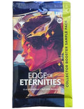 A sealed booster pack for the game Edge of Eternities, featuring a stylized portrait of a woman in profile with a glowing headpiece. The pack has a dark blue and black background with a bright lime-green vertical strip on the right that reads 'COLLECTOR BOOSTER SAMPLE PACK'.